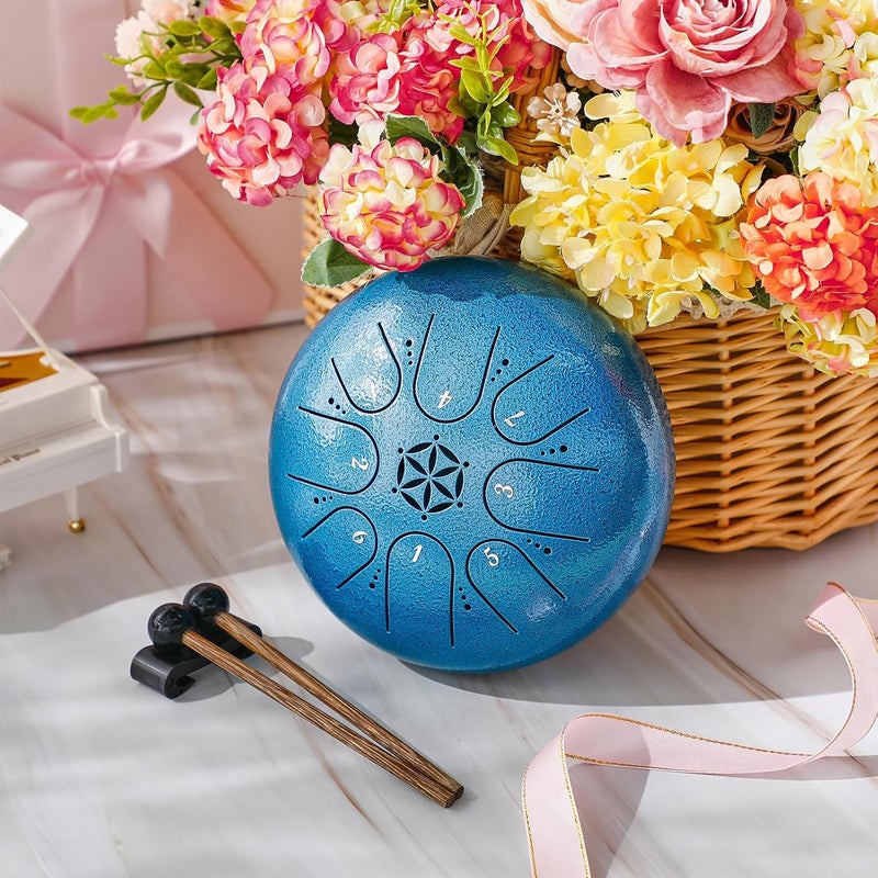 PUJONI Steel Tongue Drum, 6 Inch 8 Notes Percussion Instruments with Music Book, Mallets, Carry Bag, Finger Picks, Gifts for Beginners Musical Education & Adults Relaxation Meditation (Seablue) - Image 5